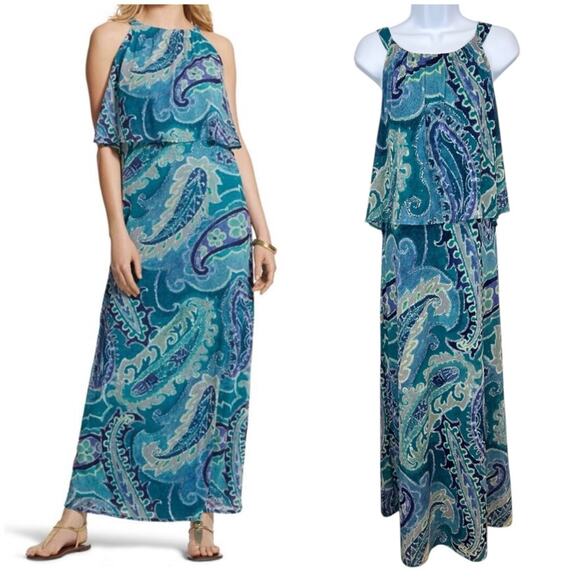 Chicos Ocean Paisley Bib Maxi Dress Blue Halter Coastal Size 3 XL 16 - Picture 1 of 12